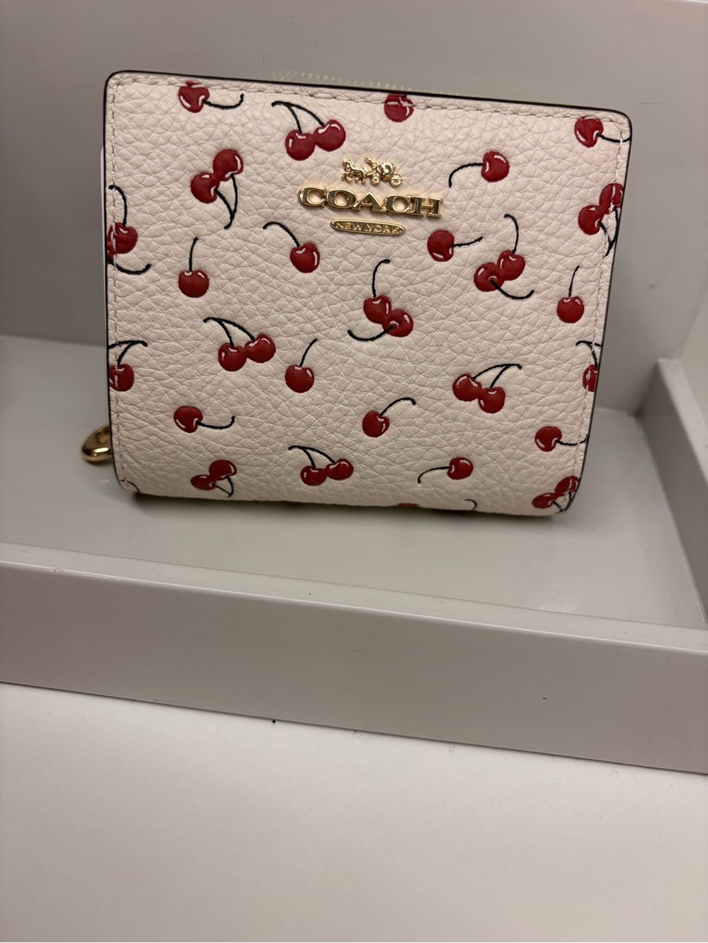 Coach white cherry Leather Zip Wallet with silver chain new with ID case